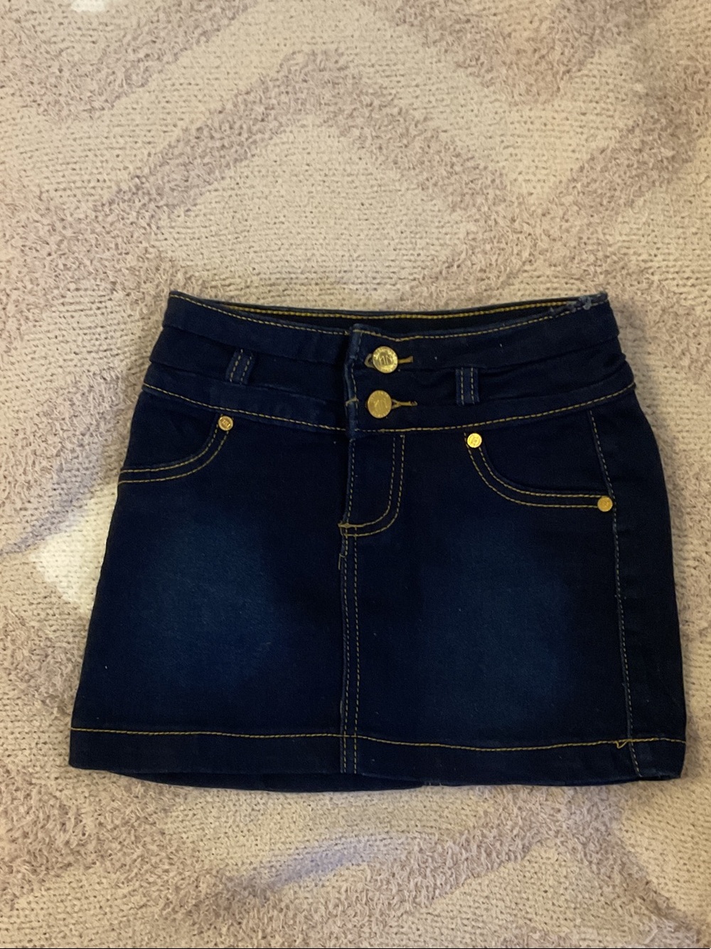 Girls Dark Blue Denim Mini Skirt with Gold Accent Buttons